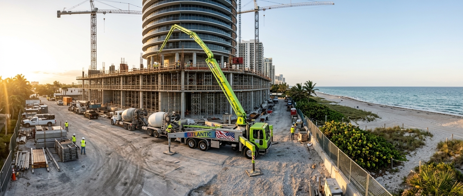 Atlantic boom pump truck placing concrete on a Miami high-rise jobsite at sunrise