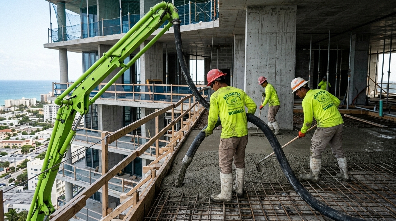 Atlantic boom pump crew placing concrete on a high-rise deck above South Florida